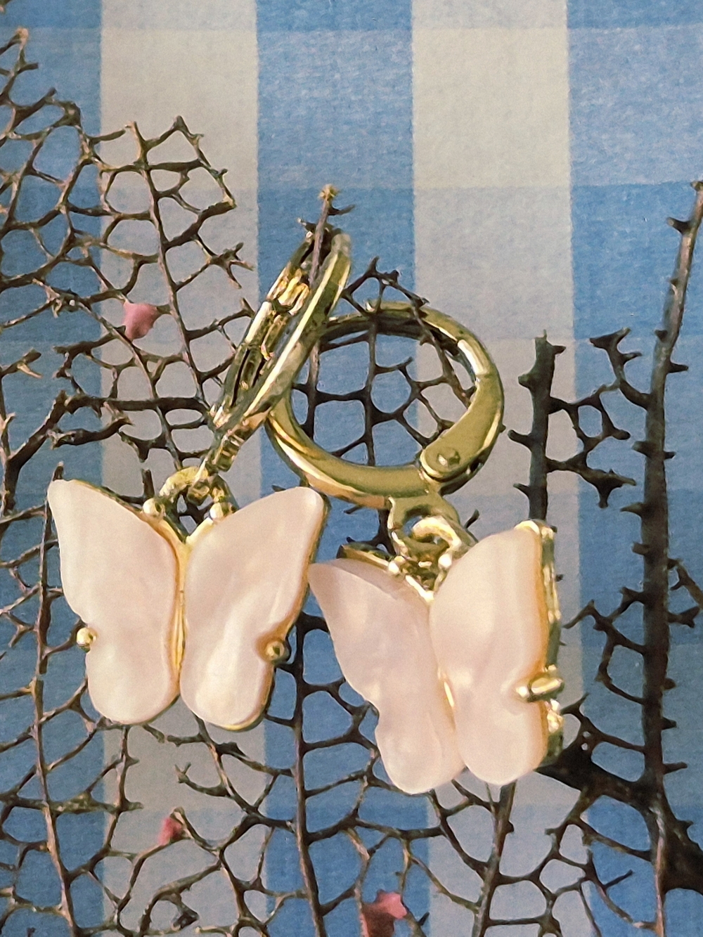 Pink Butterfly Drop Earrings - Gold Tone Hoops